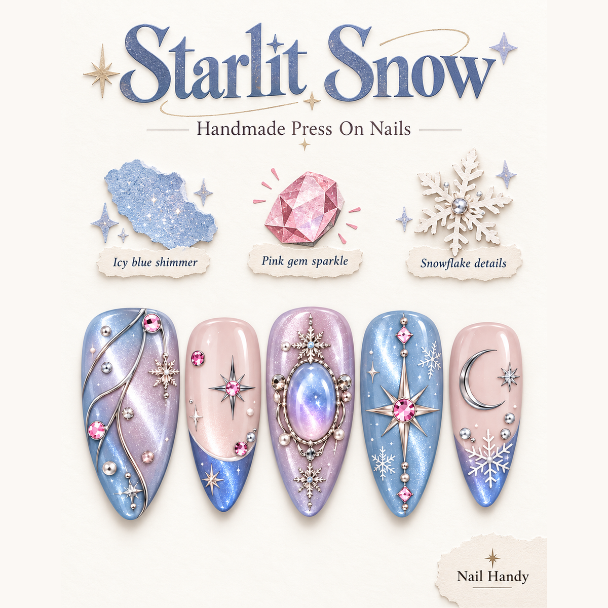 Frosted Moonlight Press-On Nails with Stars & Snowflakes - press-on nail design concept and illustrated product story