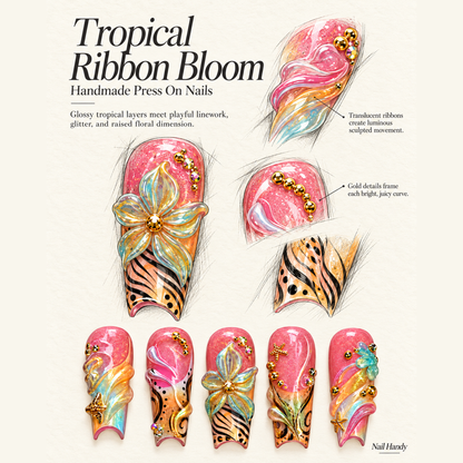 Coral Tide Blooms Press-On Nails with Floral and Gold Accents - press-on nail design concept and illustrated product story