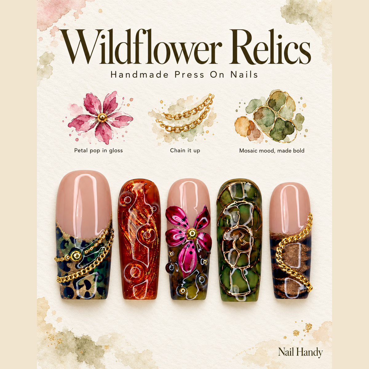 Gilded Botanical Mosaic Press-On Nails - press-on nail design concept and illustrated product story