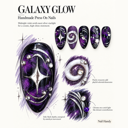 Violet Orbit Cosmic Press-On Nails for Y2K Sparkle - press-on nail design concept and illustrated product story