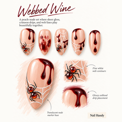 Crimson Web Drip Press-On Nails | Nail Handy - press-on nail design concept and illustrated product story