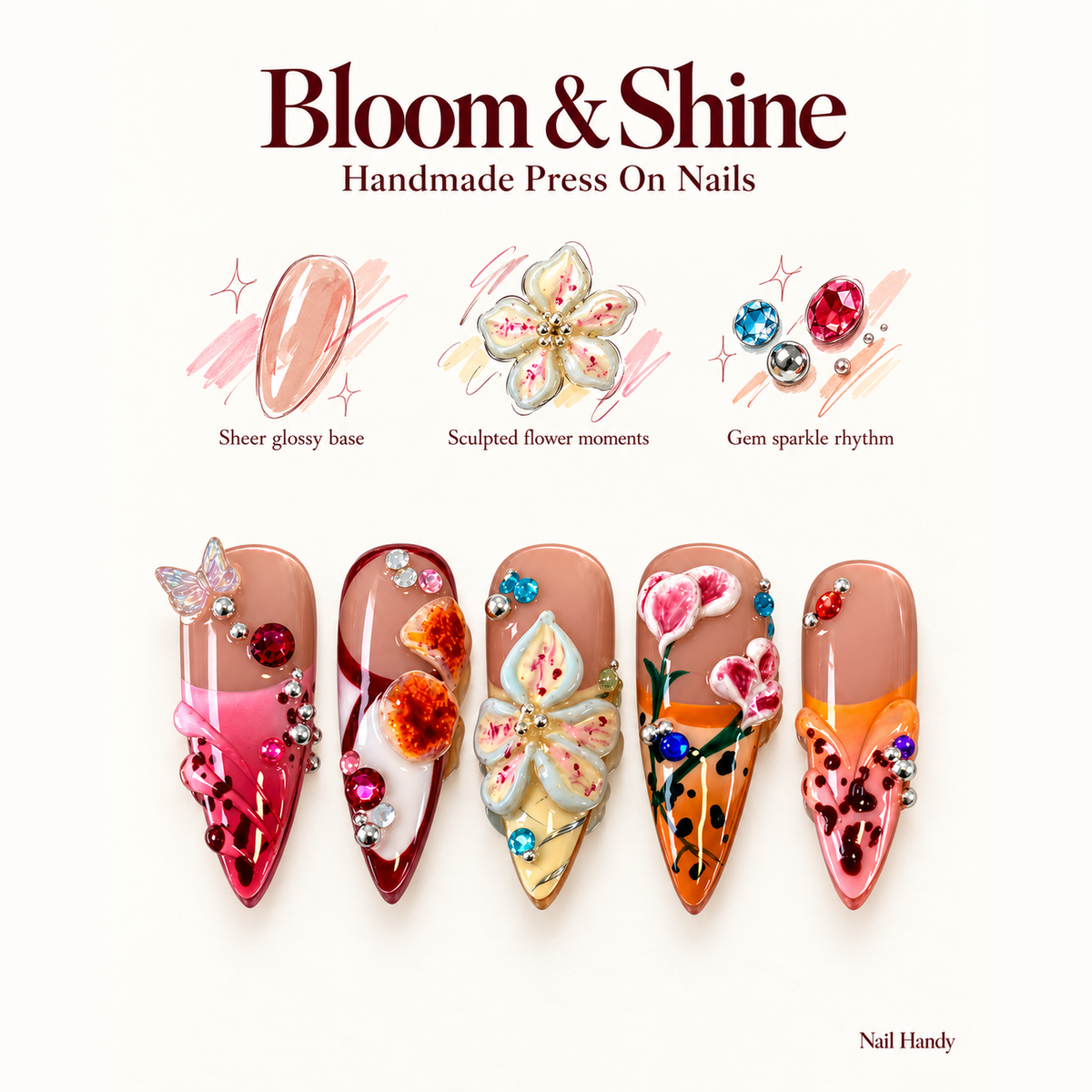 Wildflower Jewel Collage Press-On Nails - press-on nail design concept and illustrated product story