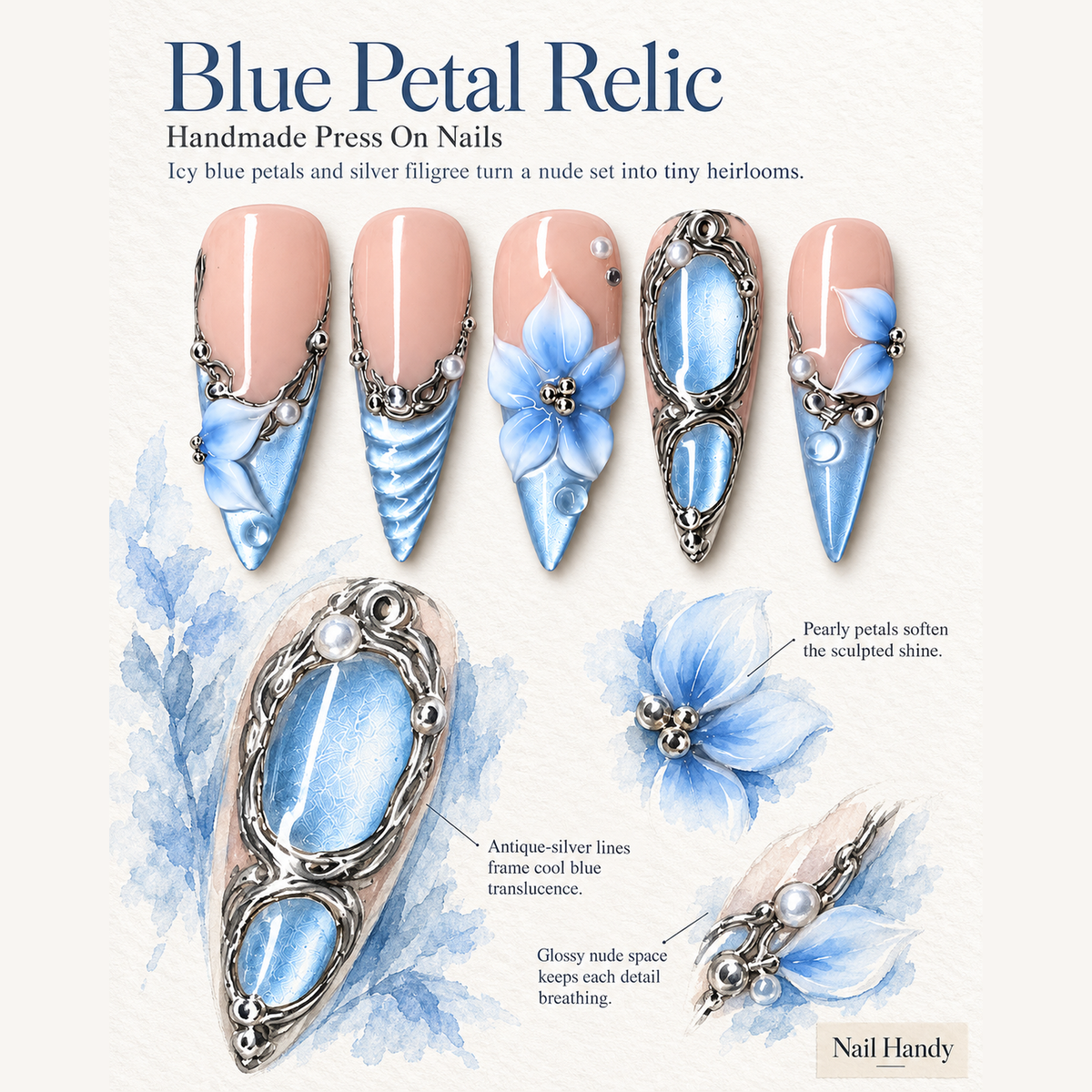 Icy Blue Bloom Press-On Nails with Silver-Tone Accents - press-on nail design concept and illustrated product story
