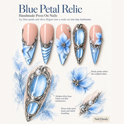Icy Blue Bloom Press-On Nails with Silver-Tone Accents - press-on nail design concept and illustrated product story