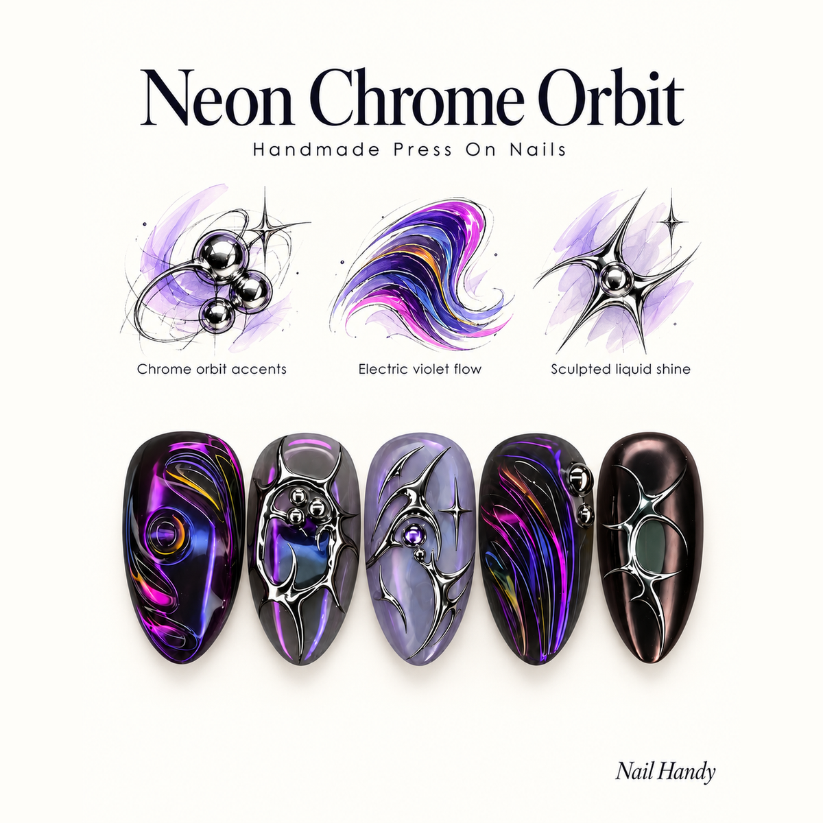Violet Chrome Orbit Press-On Nails  - press-on nail design concept and illustrated product story