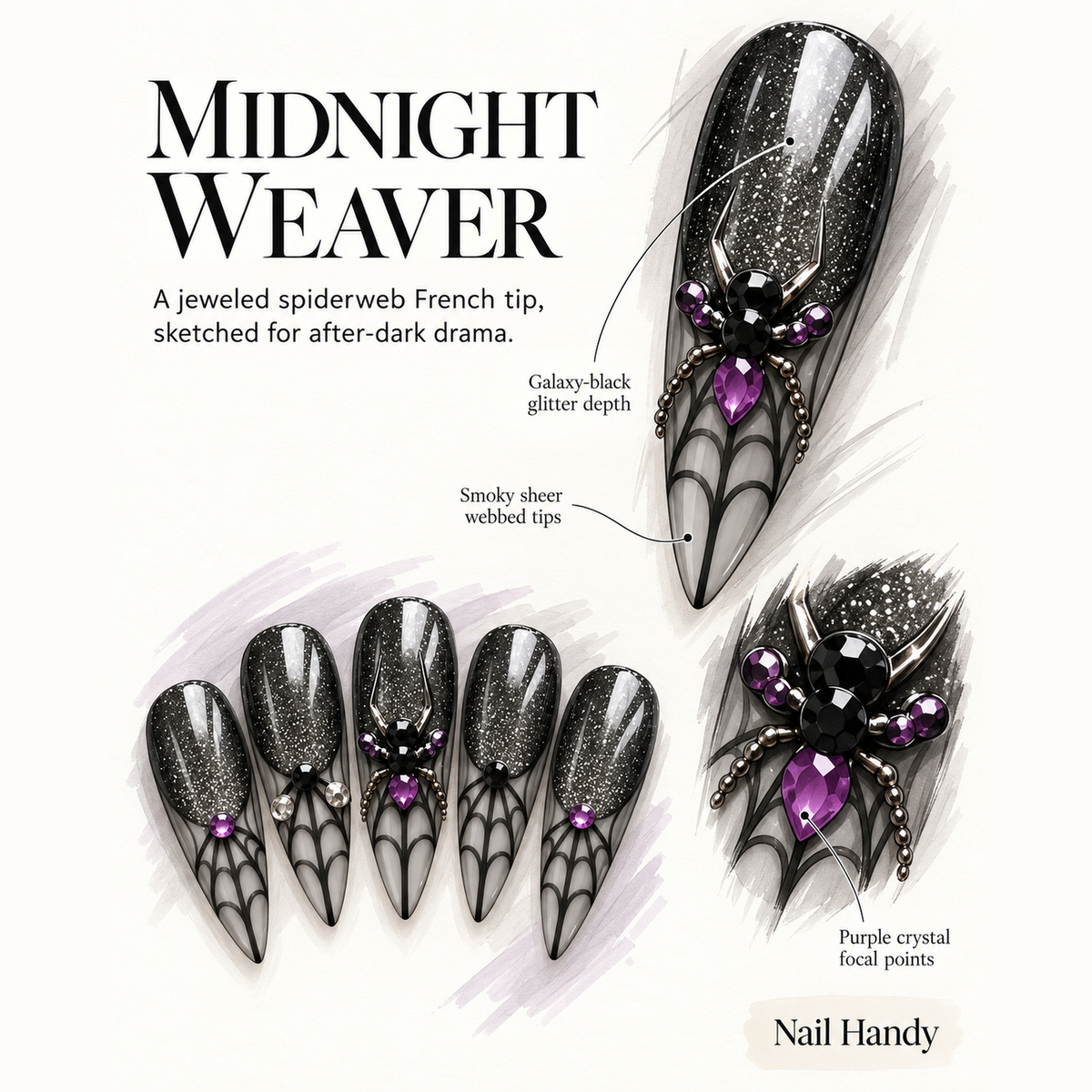 Midnight Web Press-On Nails with Spiderweb Art - press-on nail design concept and illustrated product story