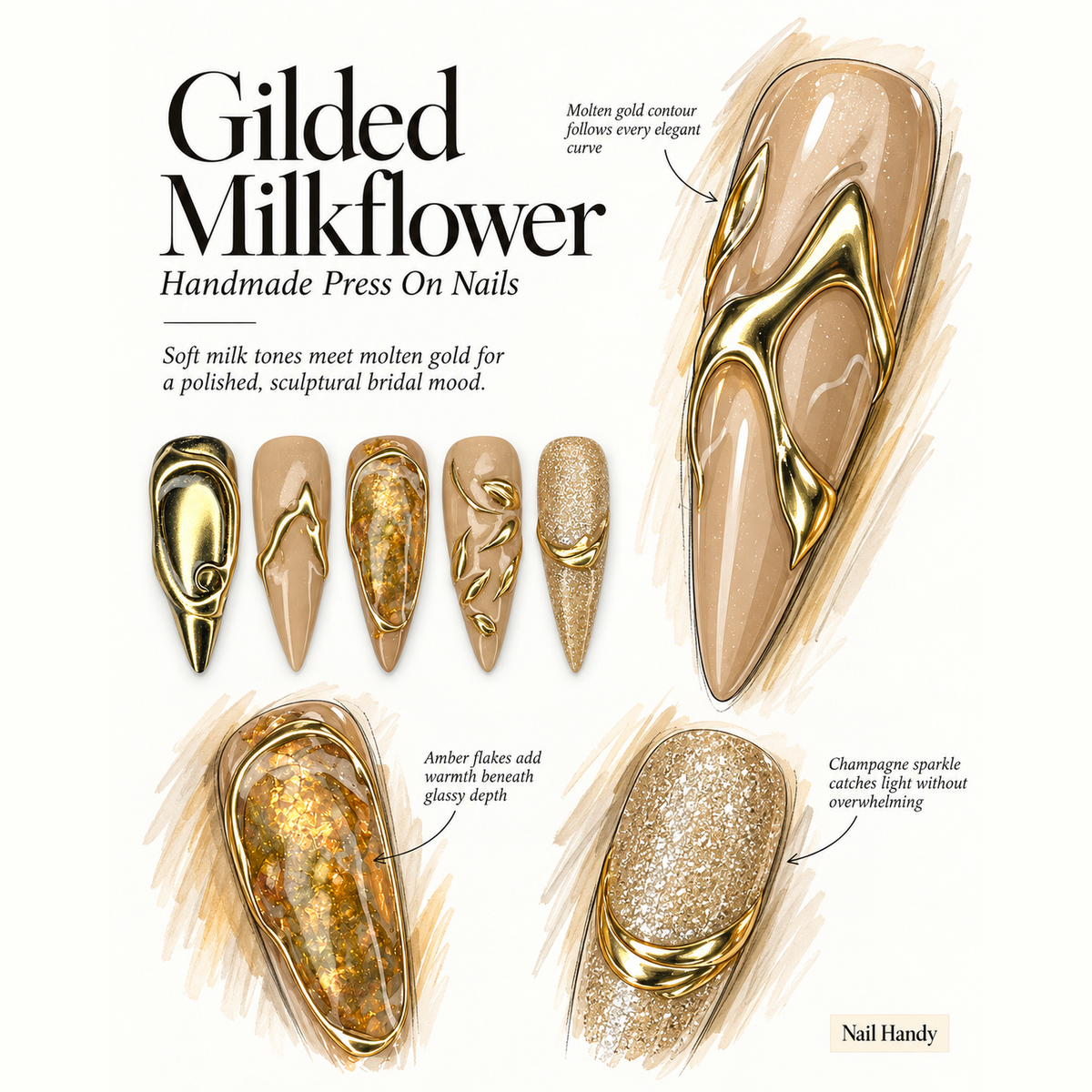 Milky Gold Bloom Press-On Nails with Sculpted Metallic Detail - press-on nail design concept and illustrated product story