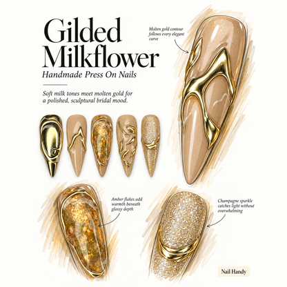 Milky Gold Bloom Press-On Nails with Sculpted Metallic Detail - press-on nail design concept and illustrated product story