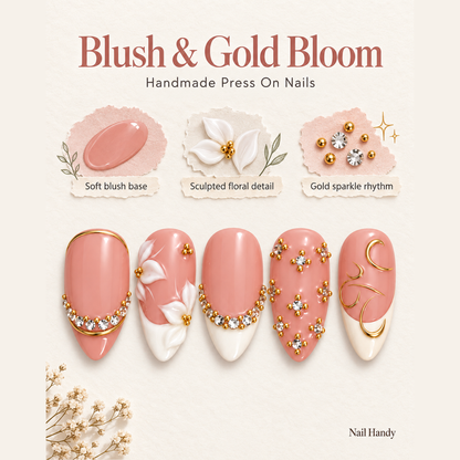 Blush Gilded Petals Press-On Nails with White Florals - press-on nail design concept and illustrated product story
