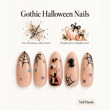 Midnight Web Glow Press-On Nails with Spiders and Bats - press-on nail design concept and illustrated product story