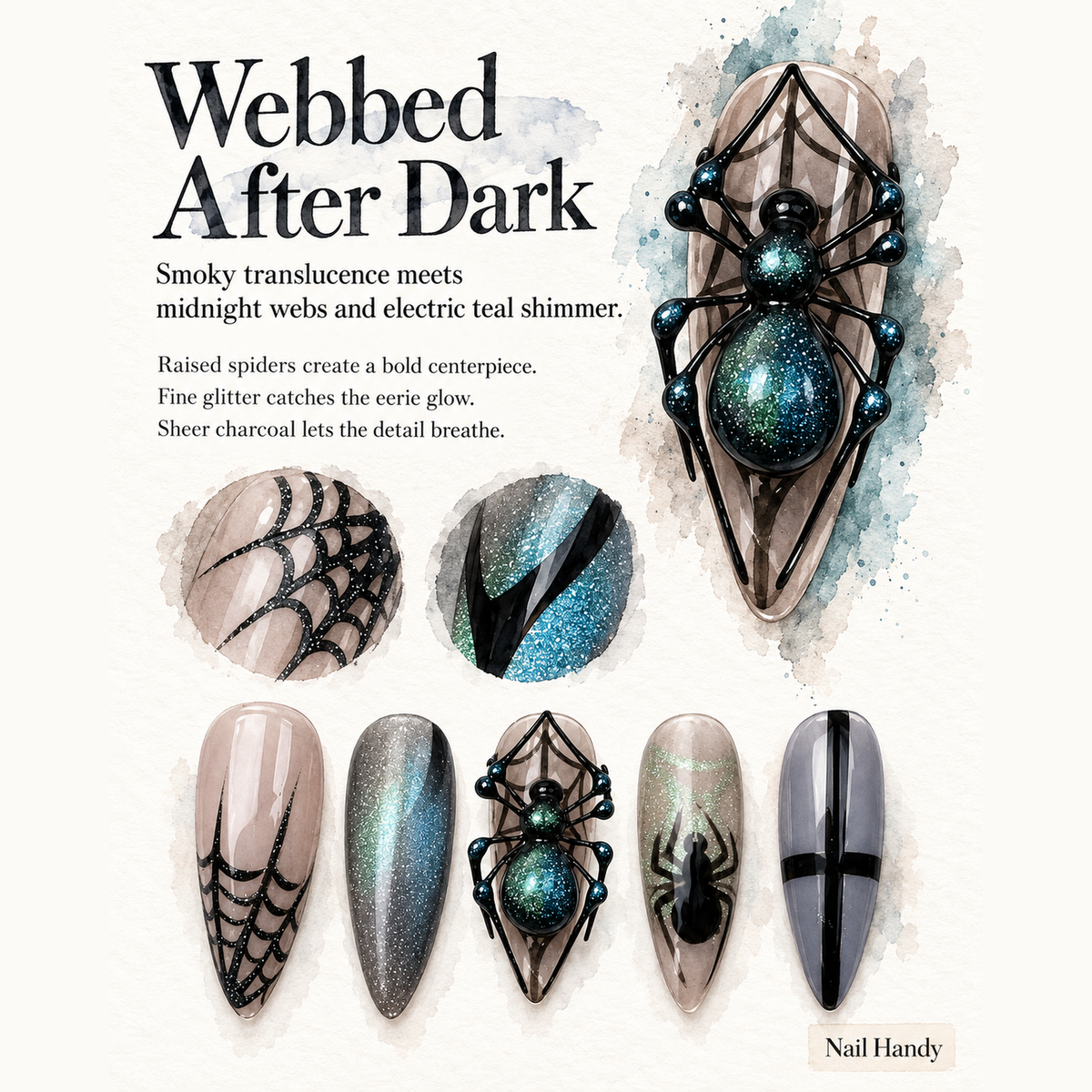 Midnight Spiderweb Press-On Nails with 3D Spider Accents - press-on nail design concept and illustrated product story