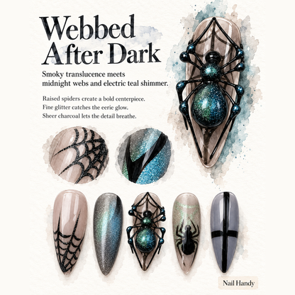 Midnight Spiderweb Press-On Nails with 3D Spider Accents - press-on nail design concept and illustrated product story