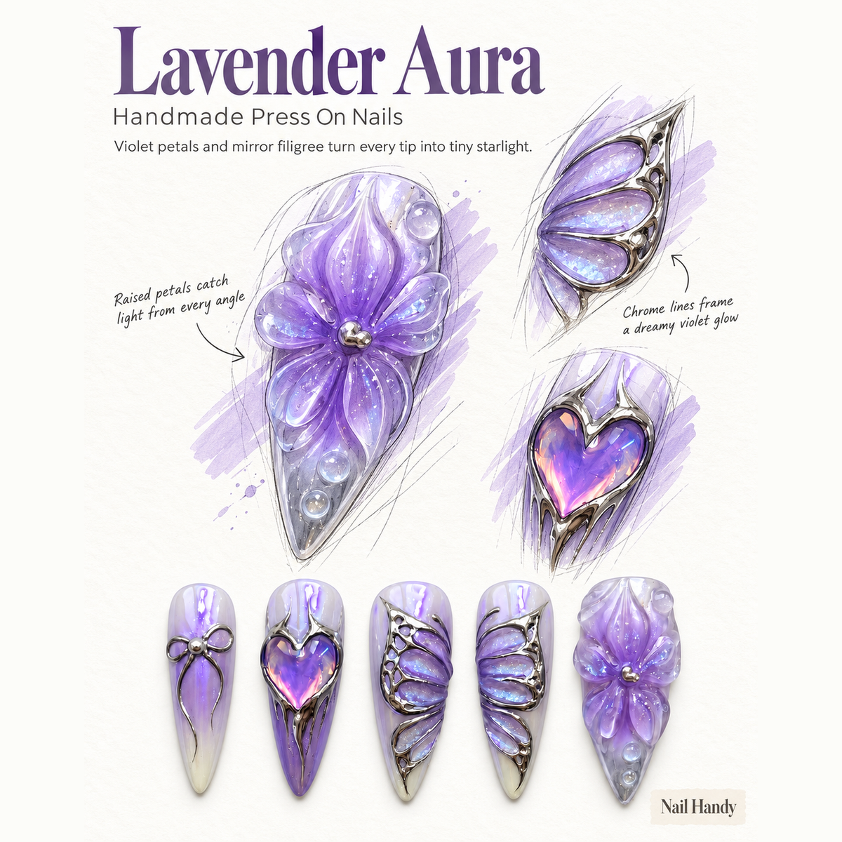 Lavender Orbit Press-On Nails with Chrome Petals - press-on nail design concept and illustrated product story