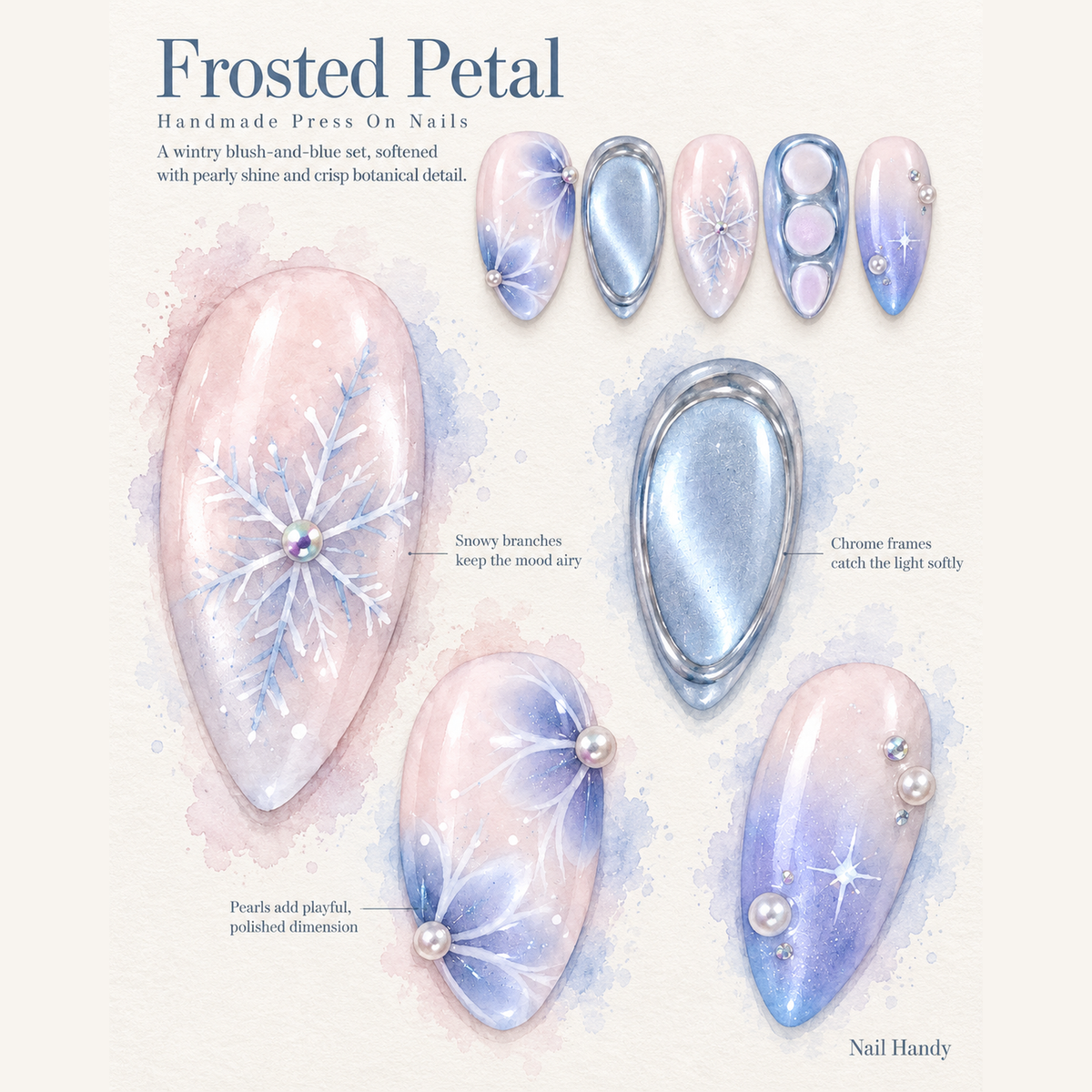 Glacial Pearl Press-On Nails with Snowflake and Chrome Accents - press-on nail design concept and illustrated product story