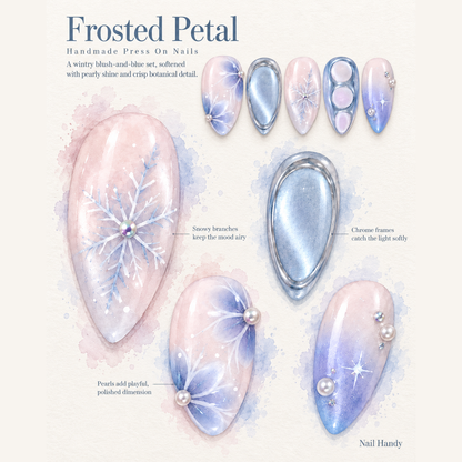 Glacial Pearl Press-On Nails with Snowflake and Chrome Accents - press-on nail design concept and illustrated product story