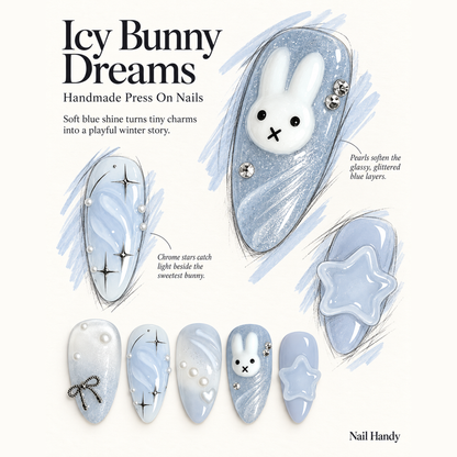 Moonlit Bunny Press-On Nails with Pearls and Silver Stars - press-on nail design concept and illustrated product story