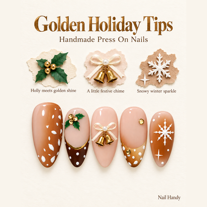 Holly & Honey Bells Christmas Press-On Nails - press-on nail design concept and illustrated product story