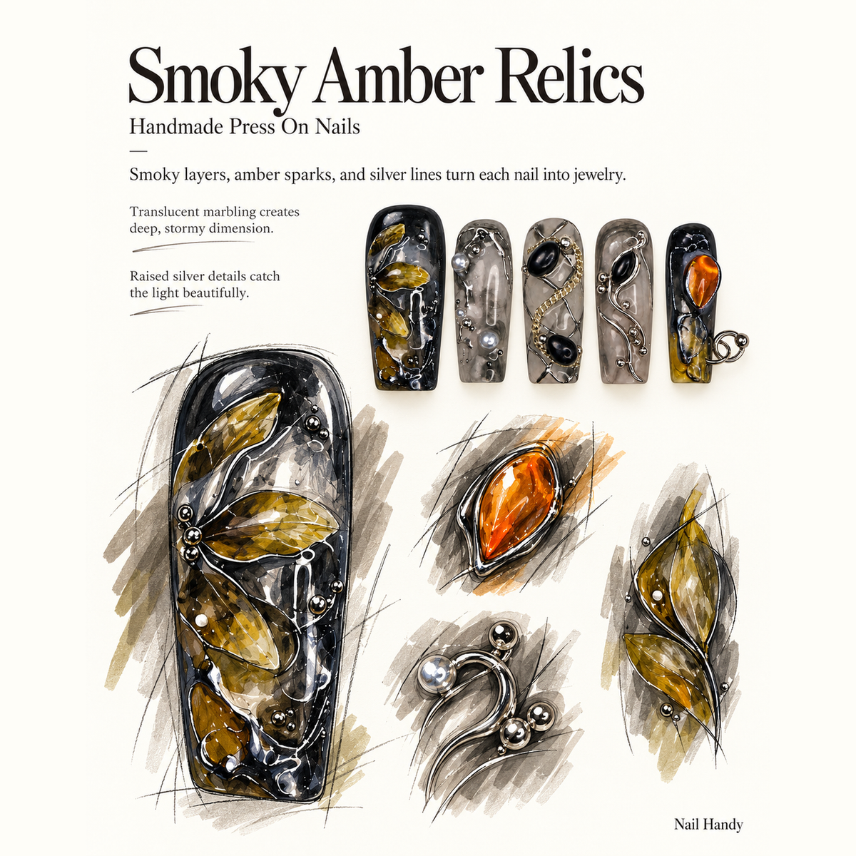 Amber Smoke Relic Press-On Nails with Sculptural Accents - press-on nail design concept and illustrated product story