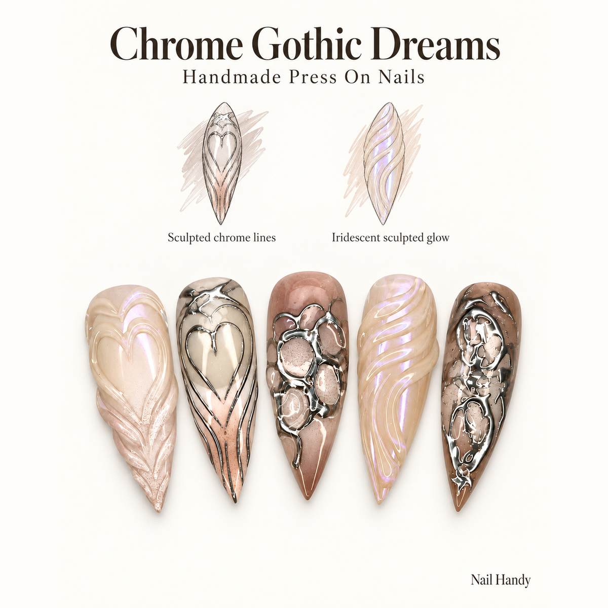 Chrome Relic Gothic Press-On Nails with Sculpted Metallic Detail - press-on nail design concept and illustrated product story
