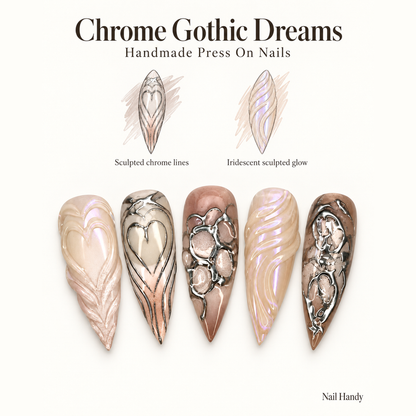 Chrome Relic Gothic Press-On Nails with Sculpted Metallic Detail - press-on nail design concept and illustrated product story
