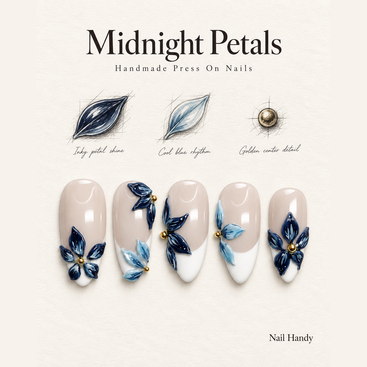 Blue Petal French Press-On Nails with Floral Accents - press-on nail design concept and illustrated product story