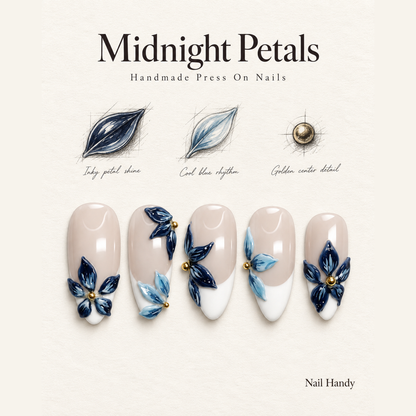Blue Petal French Press-On Nails with Floral Accents - press-on nail design concept and illustrated product story