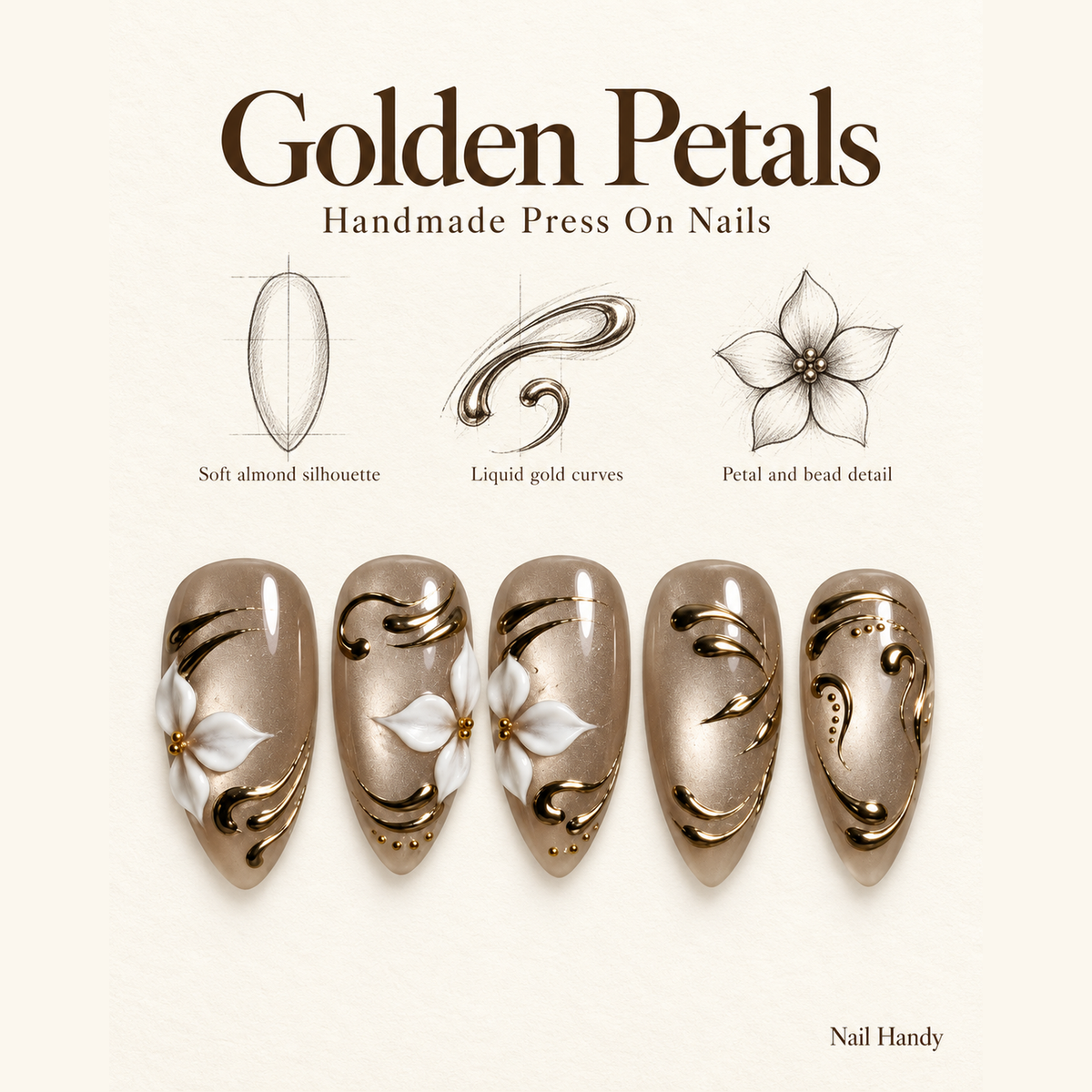 Gilded Petal Swirl Press-On Nails — Taupe & White Florals - press-on nail design concept and illustrated product story
