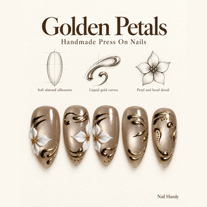 Gilded Petal Swirl Press-On Nails — Taupe & White Florals - press-on nail design concept and illustrated product story