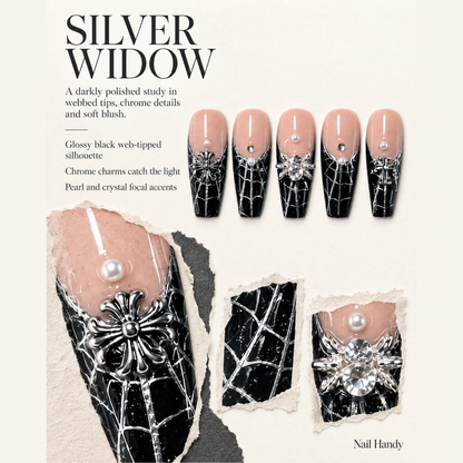 Silver Widow Press-On Nails with Chrome Web Detail - press-on nail design concept and illustrated product story