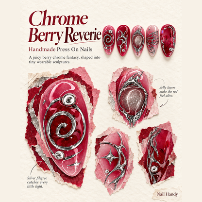 Crimson Chrome Reverie Press-On Nails - press-on nail design concept and illustrated product story