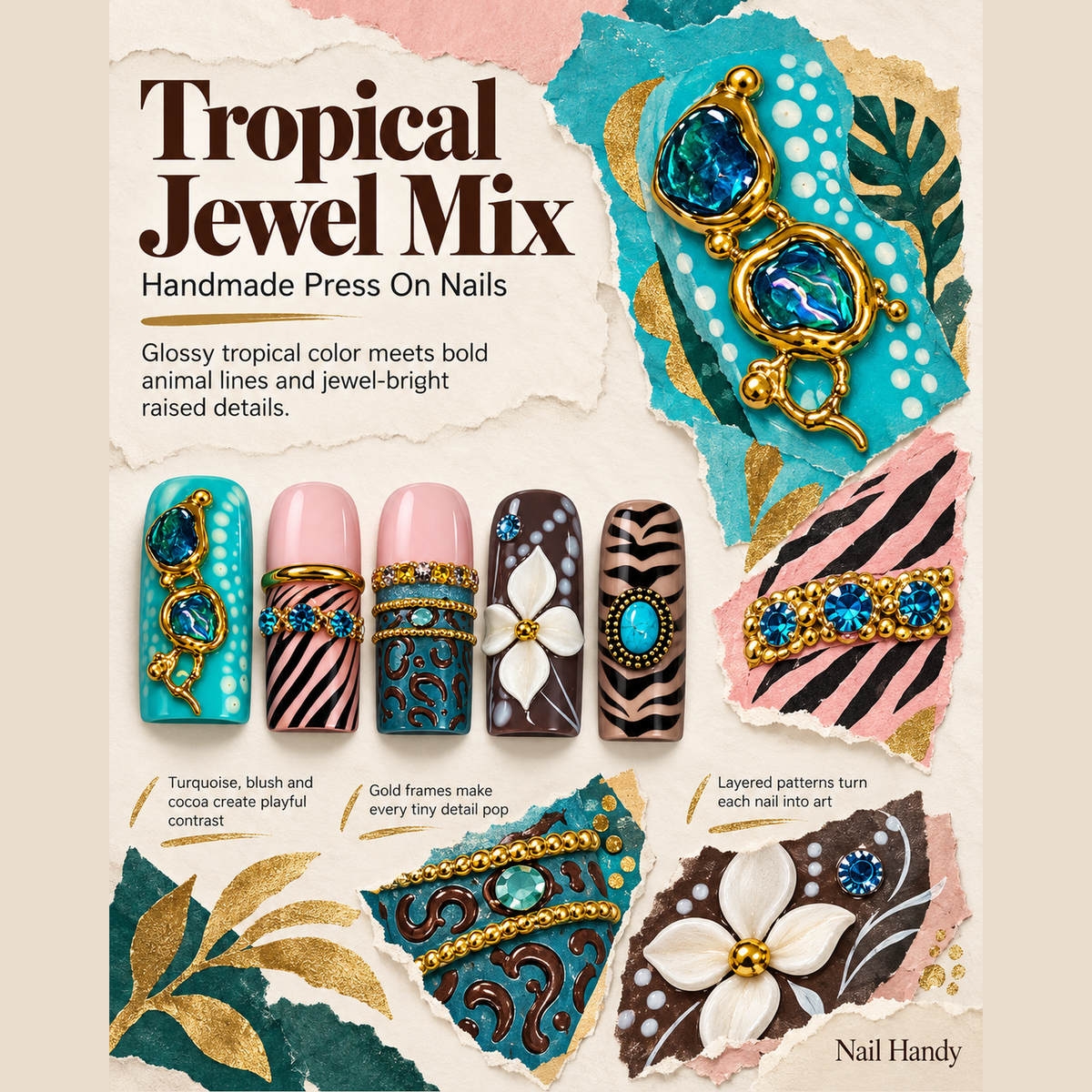 Turquoise Wild Bloom Press-On Nails - press-on nail design concept and illustrated product story