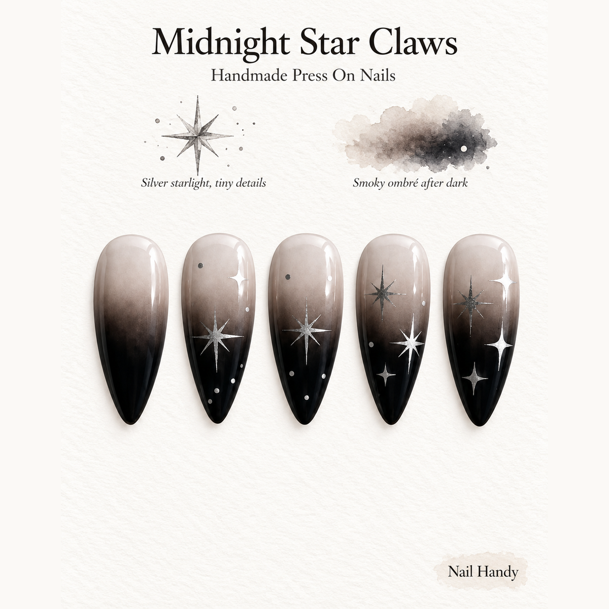 Midnight Starfall Press-On Nails with Silver Celestial Accents - press-on nail design concept and illustrated product story