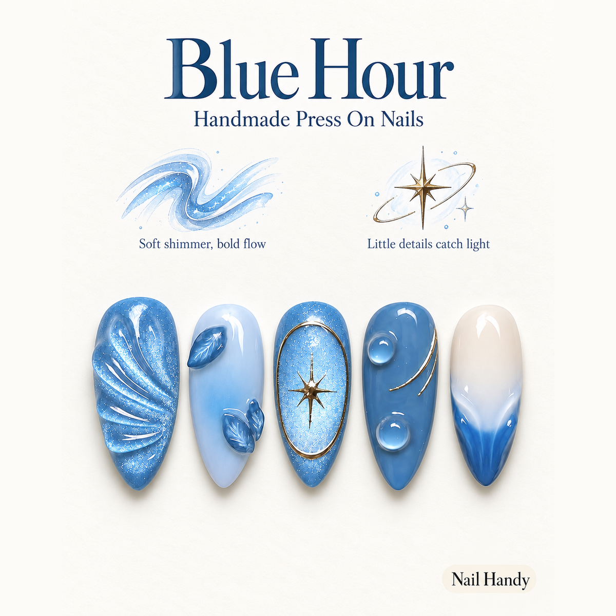Celestial Blue Tide Press-On Nails with Gold Star Accents - press-on nail design concept and illustrated product story