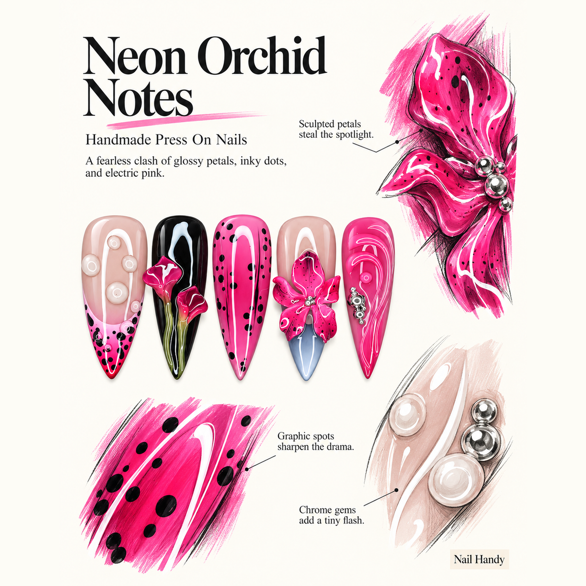 Fuchsia After Dark Floral Press-On Nails - press-on nail design concept and illustrated product story