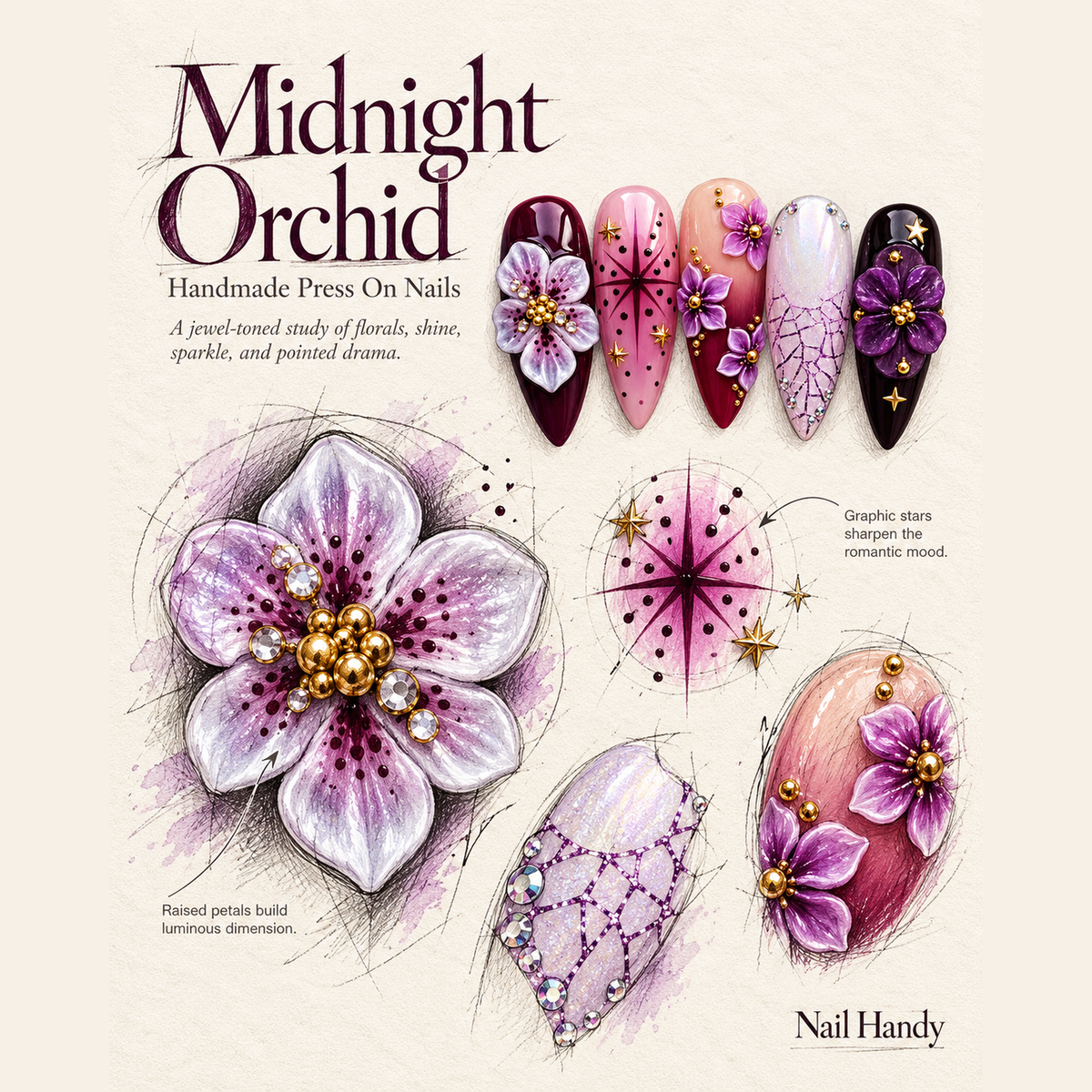 Violet After Dark Floral Press-On Nails - press-on nail design concept and illustrated product story