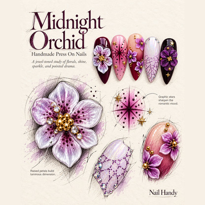 Violet After Dark Floral Press-On Nails - press-on nail design concept and illustrated product story