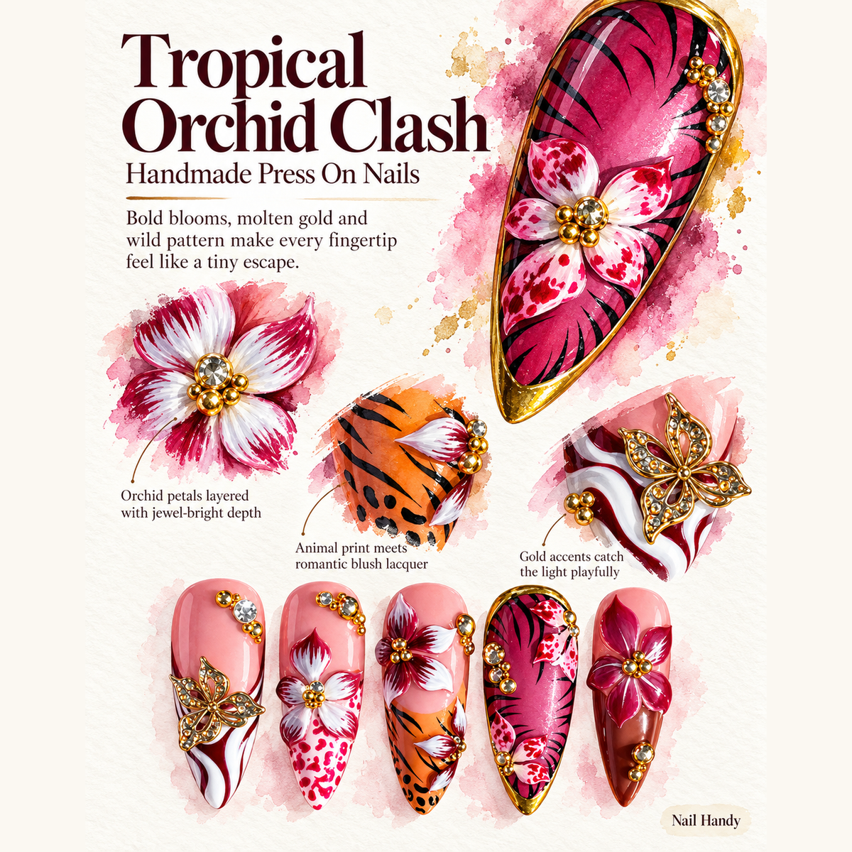 Wild Orchid Gild Press-On Nails with Floral and Animal Prints - press-on nail design concept and illustrated product story