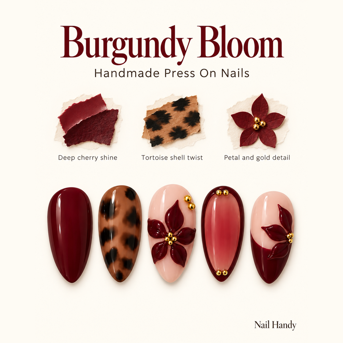 Burgundy Wildflower Press-On Nails with Leopard Accents - press-on nail design concept and illustrated product story