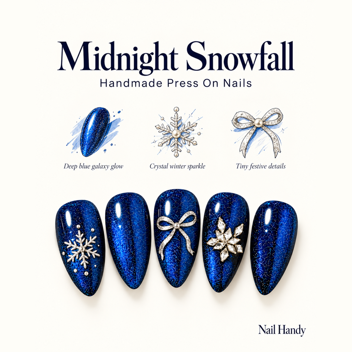 Midnight Snowfall Press-On Nails with Silver Winter Accents - press-on nail design concept and illustrated product story