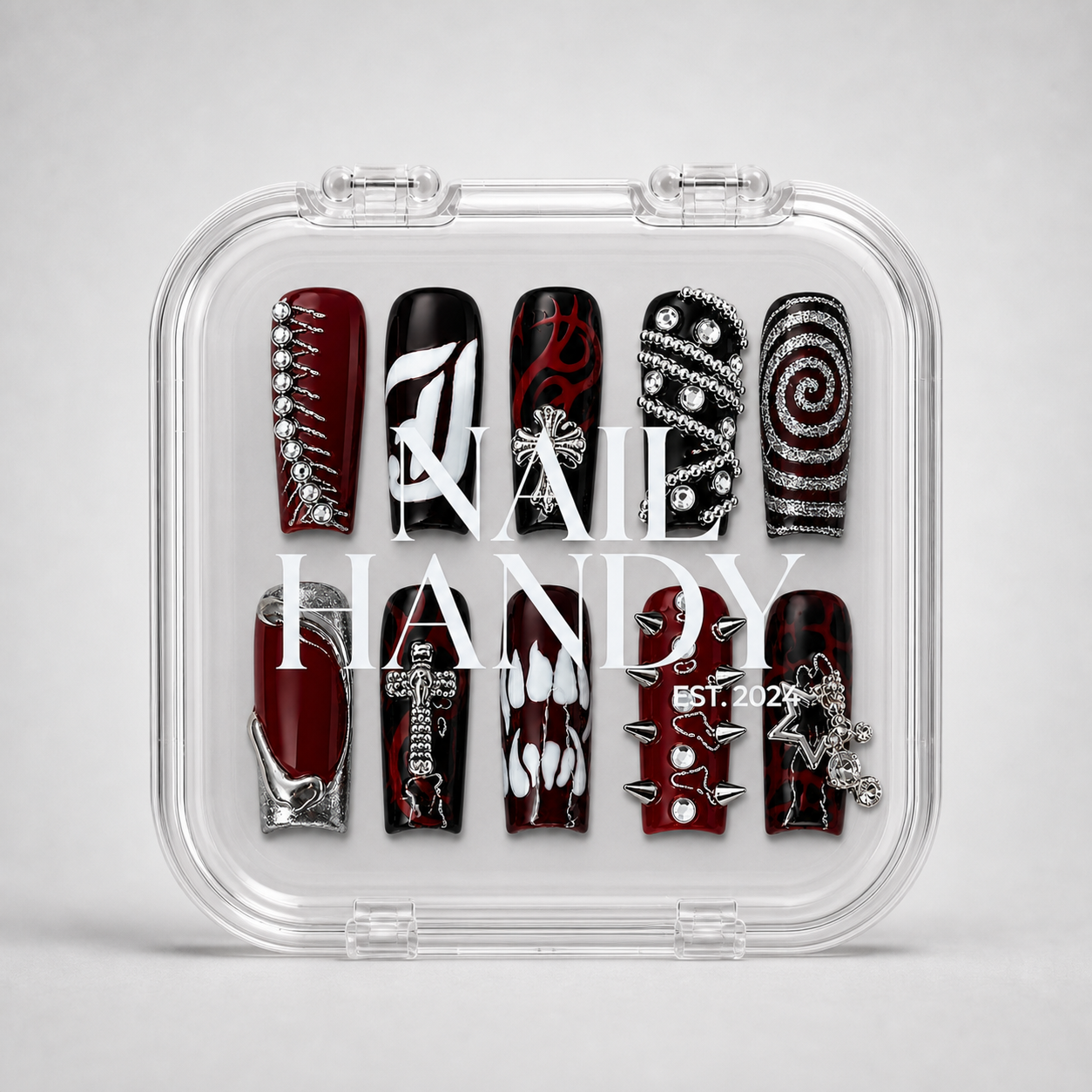 Nail Handy package box for the Crimson Relic press-on nail set.
