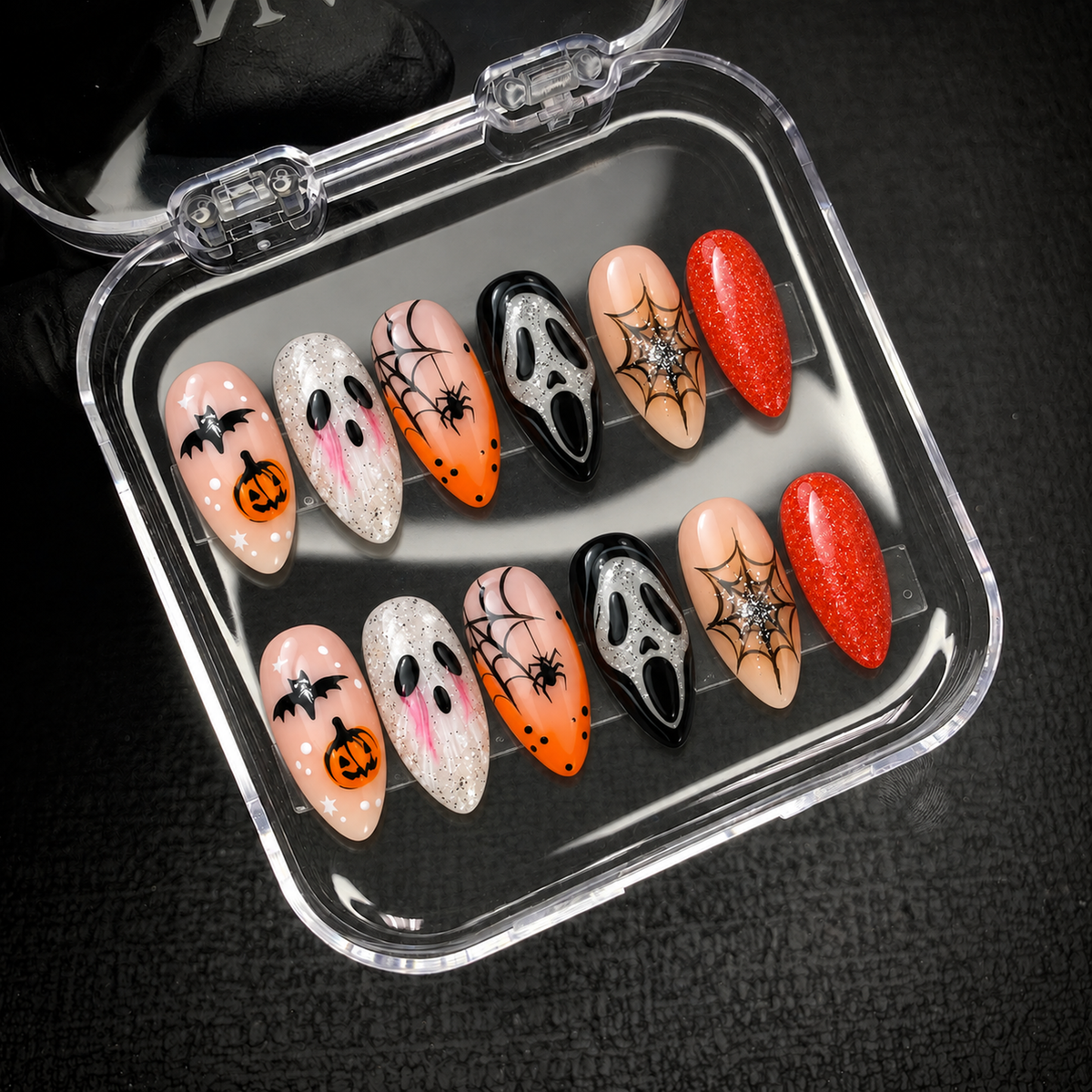 Open Nail Handy package box with Haunted Harvest Web press-on nail set.