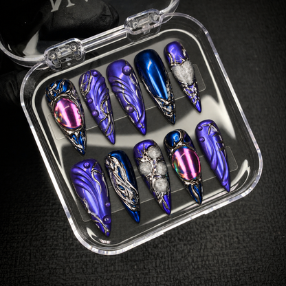 Midnight Aurora Chrome press-on nail set presented with Nail Handy packaging opened.