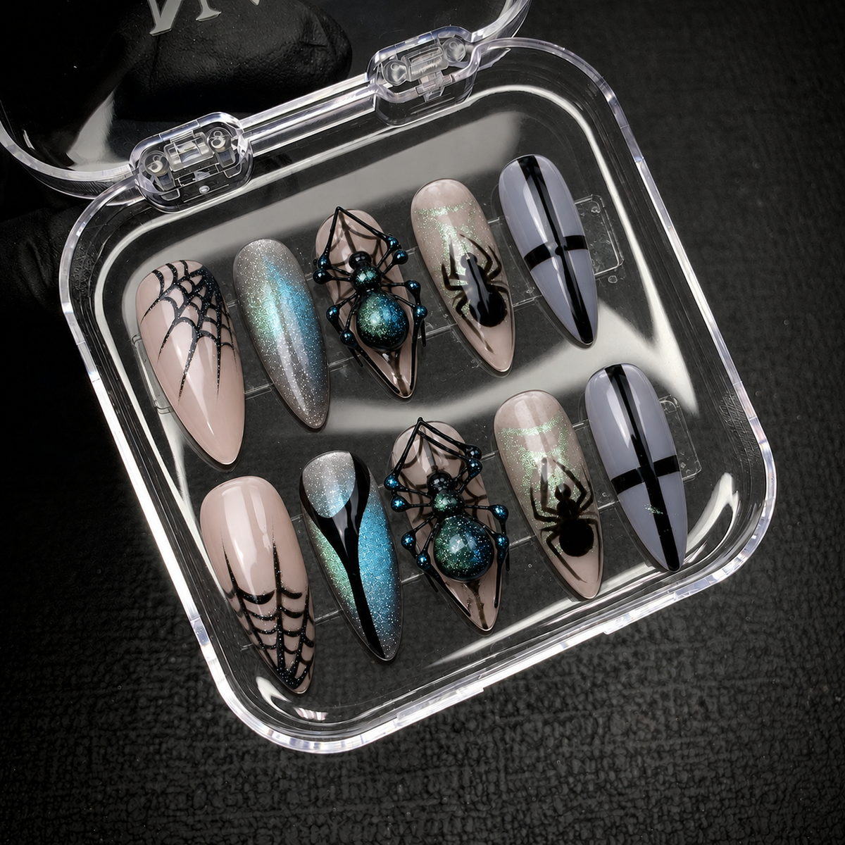 Open Nail Handy package box prepared for the Midnight Spiderweb press-on nail set.