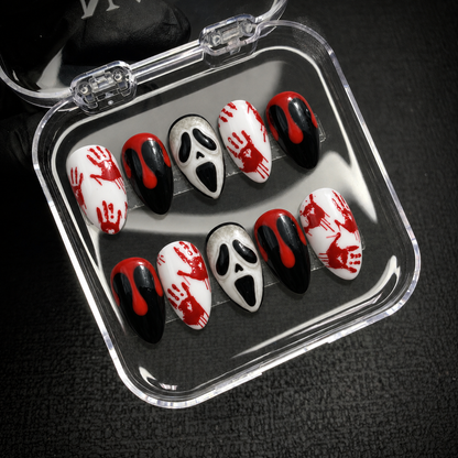 Open Nail Handy package displaying the Crimson Panic press-on nail set and included presentation contents.