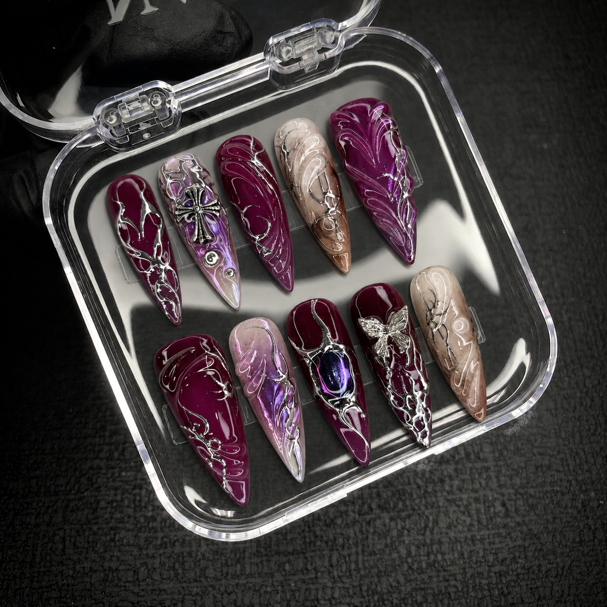 Open Nail Handy package box displaying the Amethyst Relic press-on nail set.
