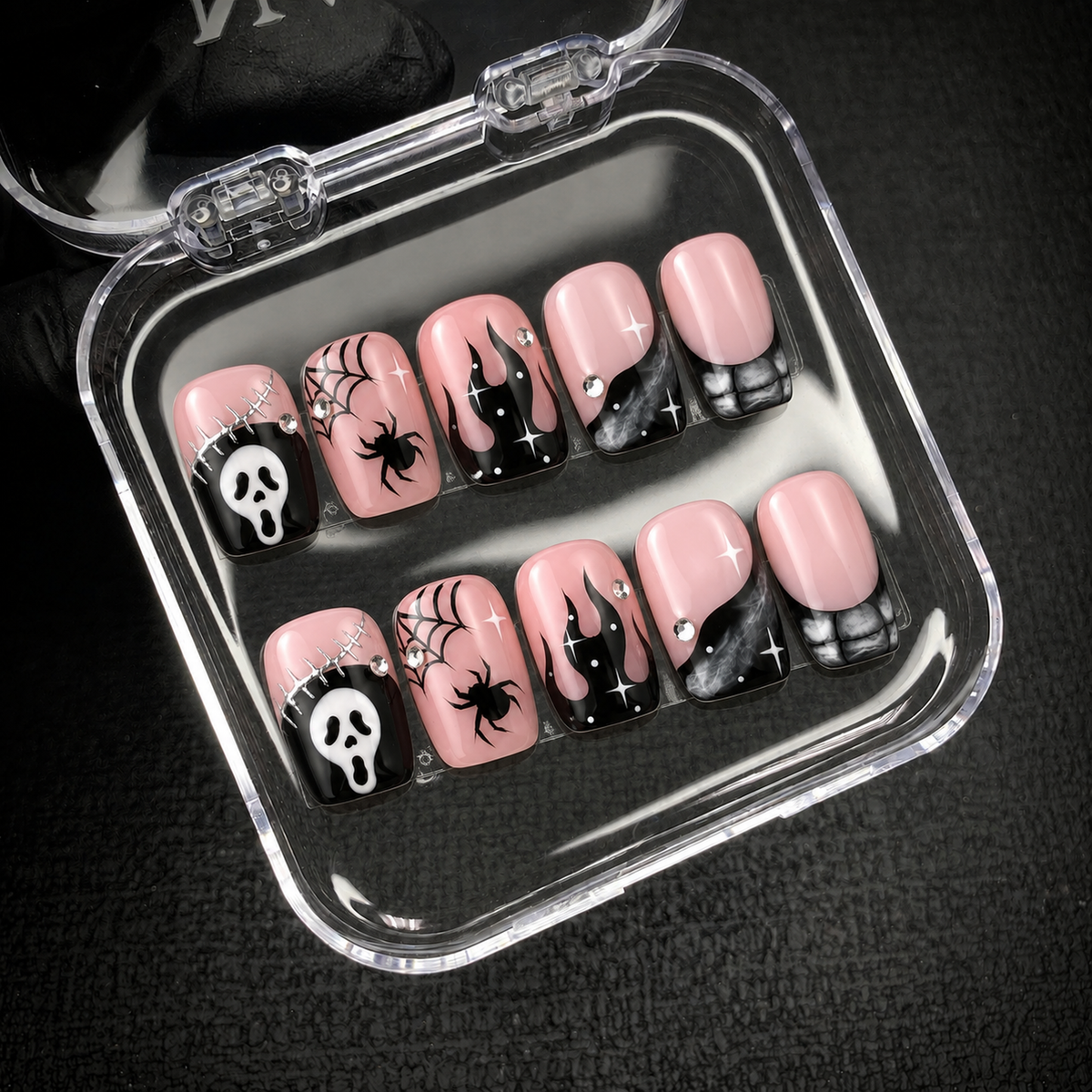 Open Nail Handy package box displaying the Blush Web Fright press-on nail set and included contents.