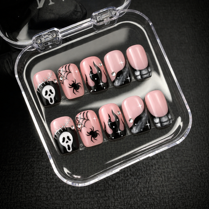 Open Nail Handy package box displaying the Blush Web Fright press-on nail set and included contents.