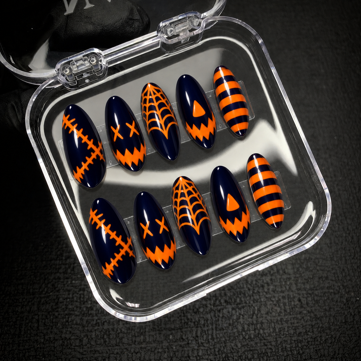 Open Nail Handy package presentation for the Midnight Web Press-On Nails set