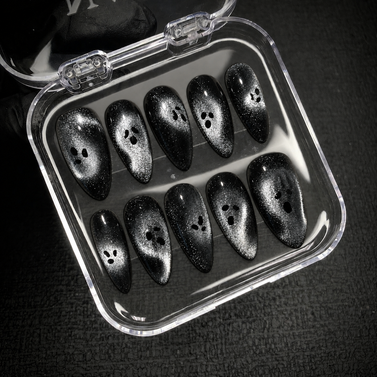 Open Nail Handy package box displaying the Midnight Ghost Shimmer press-on nail set