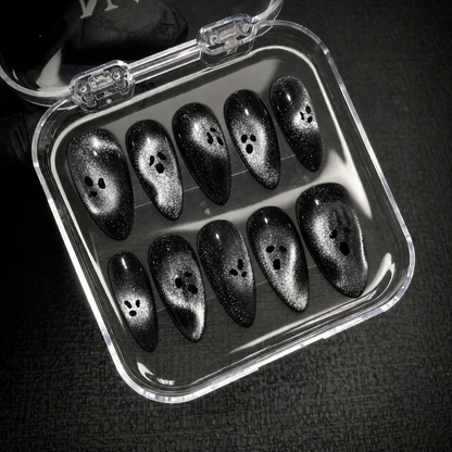 Open Nail Handy package box displaying the Midnight Ghost Shimmer press-on nail set